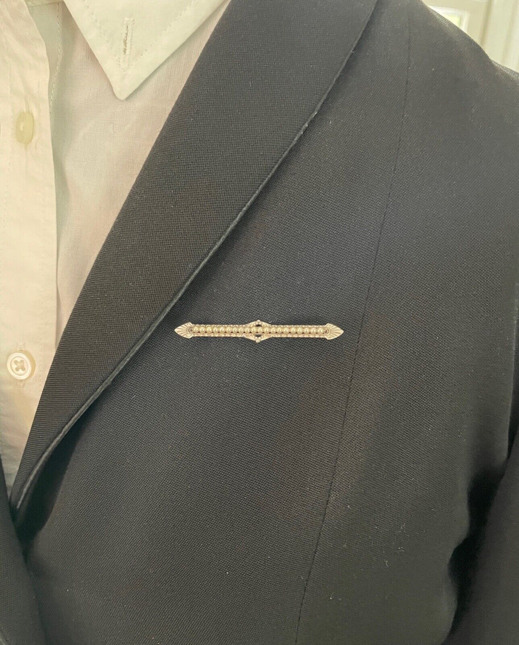 Antique 10K White Gold Art Deco Pearl Bar Brooch, Pin
