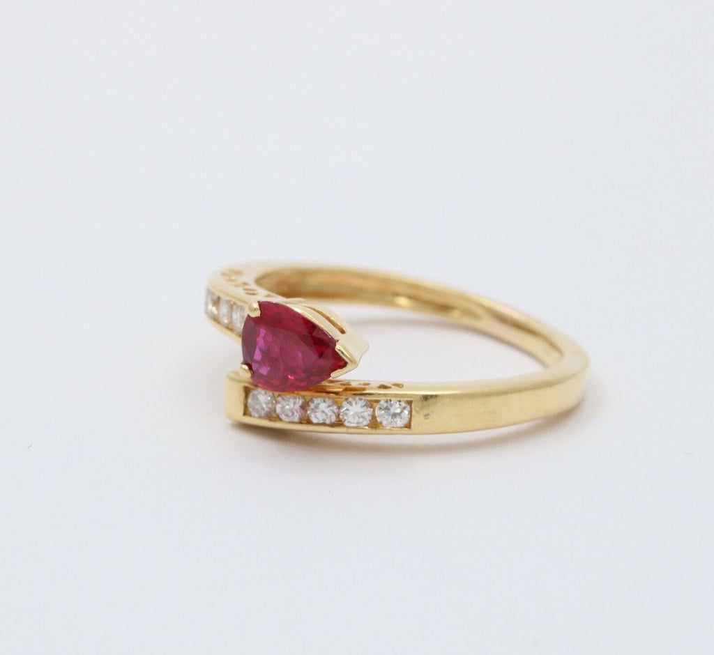 Vintage 18K Yellow Gold Bypass Snake Ruby and Diamond Ring Stacking Ring.