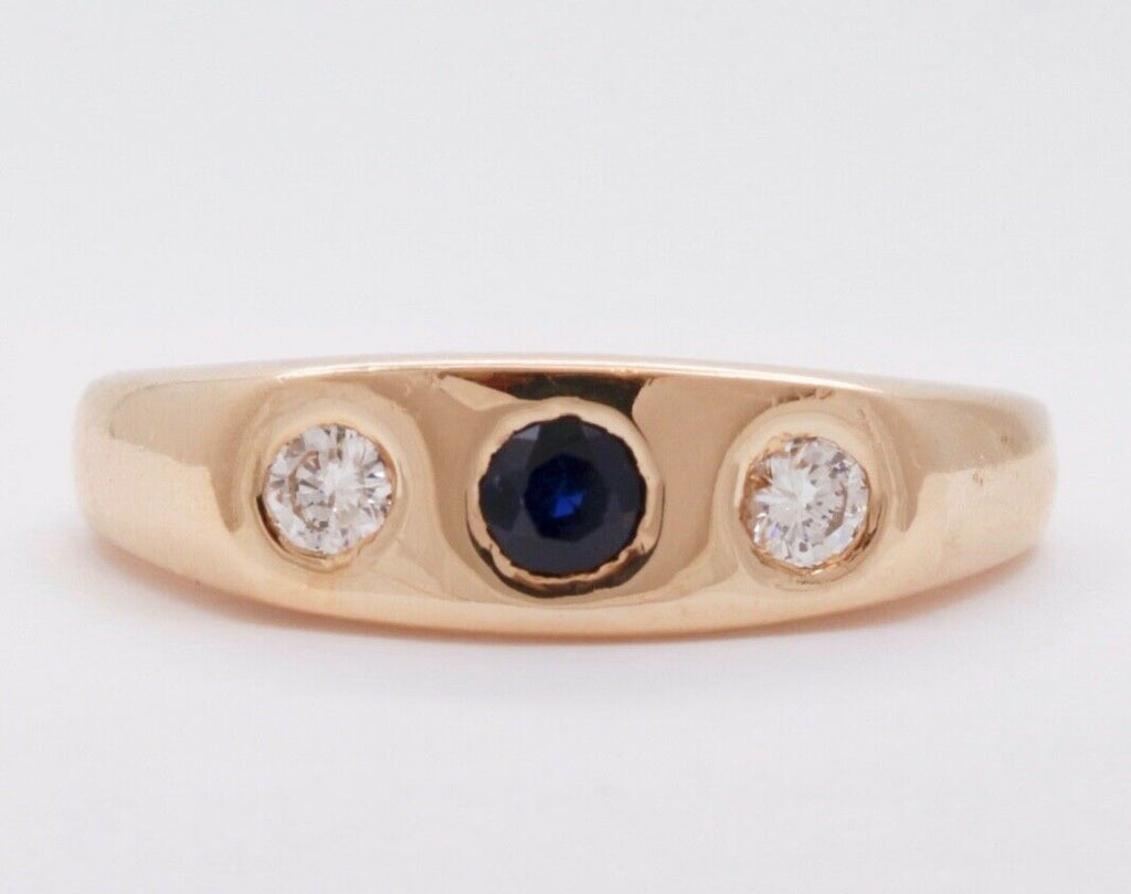Unisex Vintage Mens Ladies Blue Sapphire Diamonds 14K Yellow Gold Ring