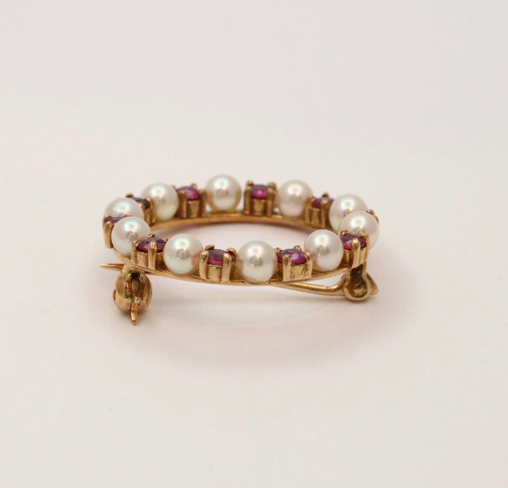 Vintage 14K Yellow Gold Ruby and Pearl Circle Brooch
