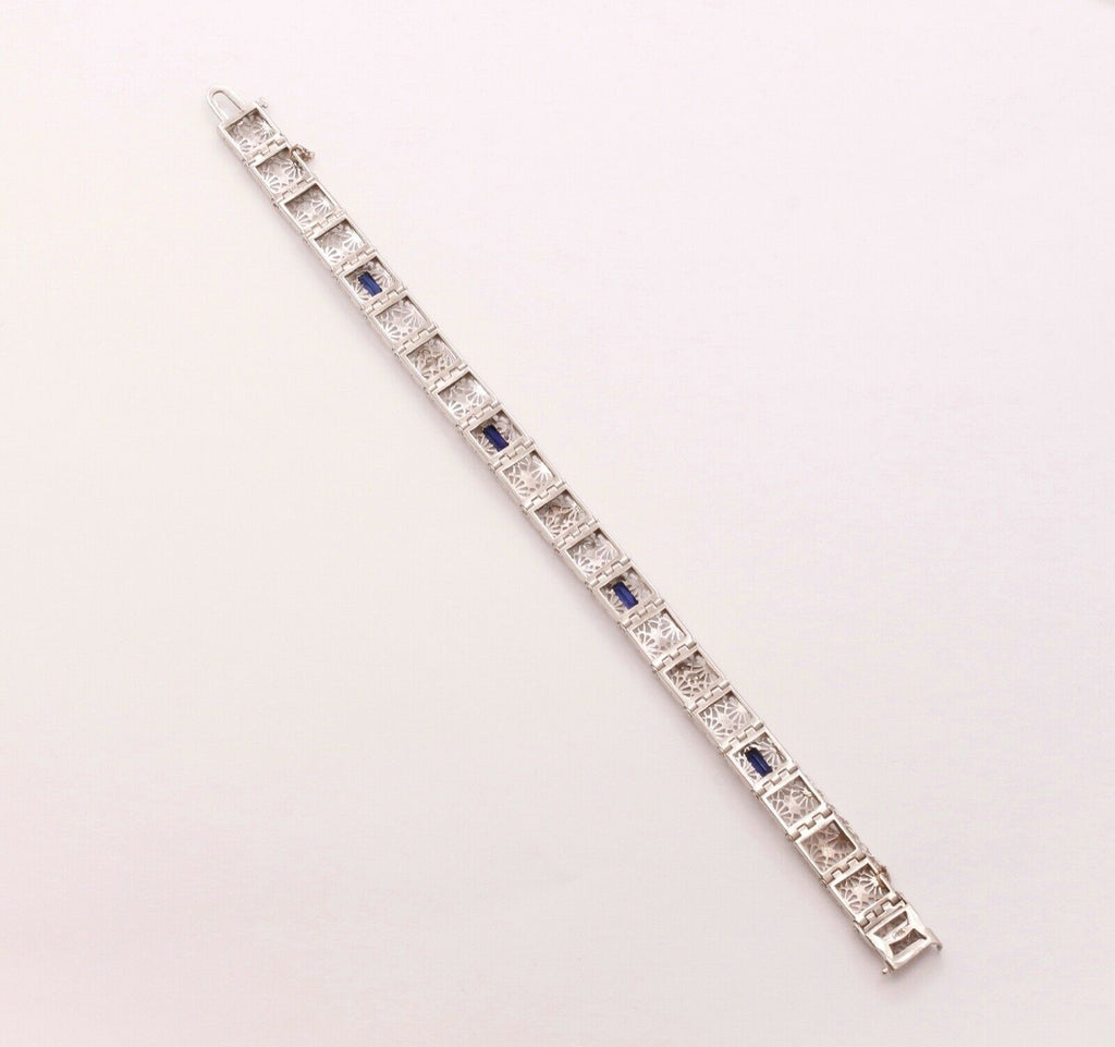 Art Deco Ladies Bracelet Diamonds Blue Sapphires 14K White Gold