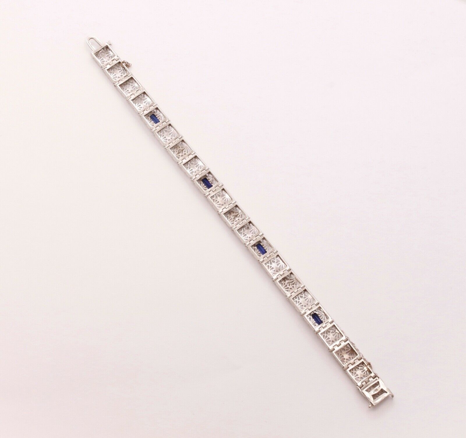 Art Deco Ladies Bracelet Diamonds Blue Sapphires 14K White Gold