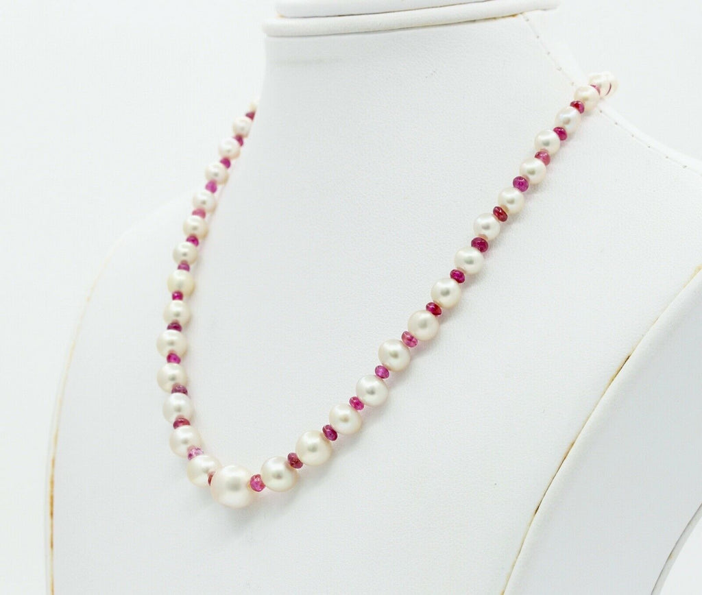 GIA Natural Pearls Rubies 18K White Yellow Gold Necklace