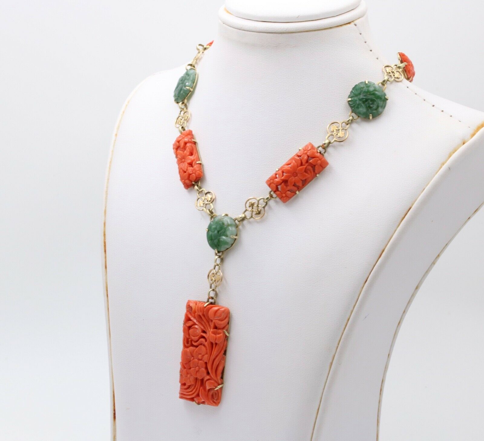 Vintage 14K Yellow Gold Circa 1930’s Carved Coral & Jade Necklace,