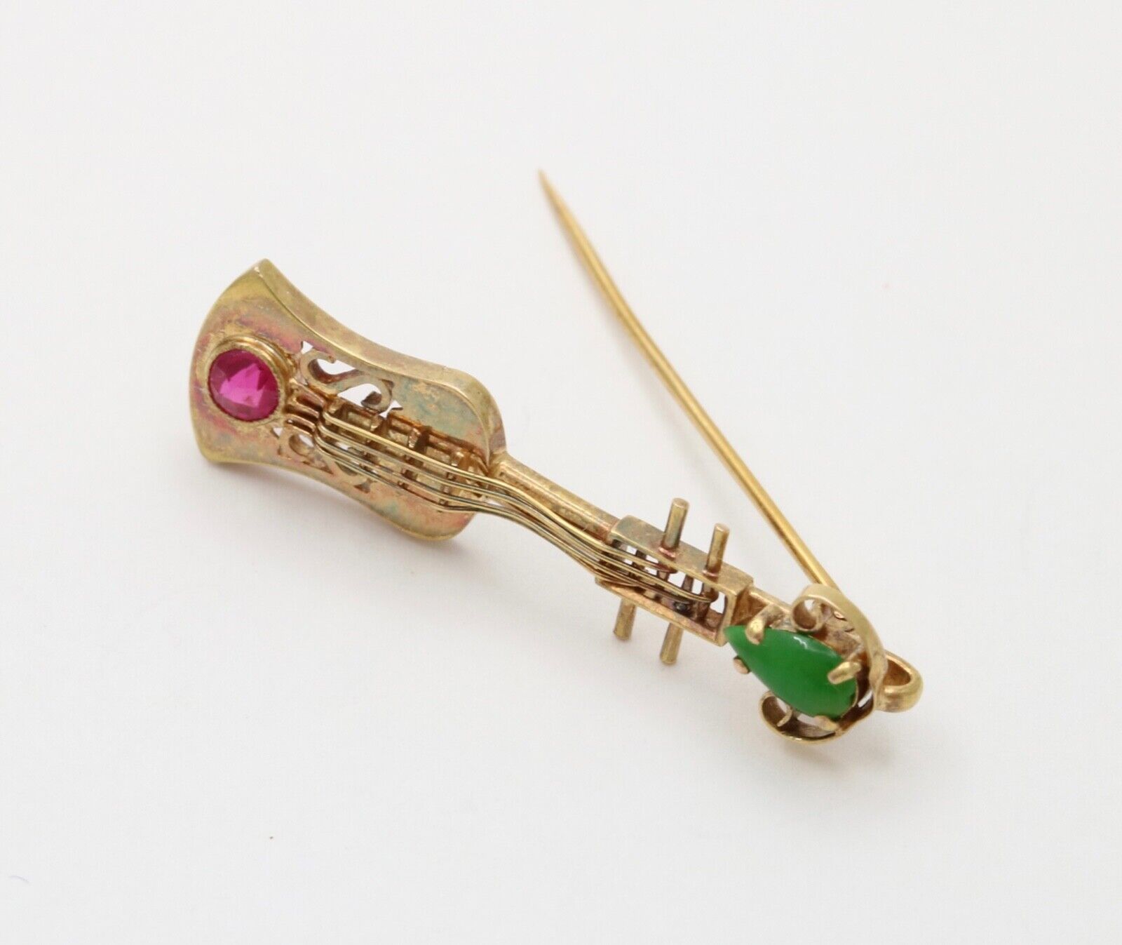 Vintage 18K Yellow Gold Chrysoprase & Pink Tourmaline Chinese Ukulele , Guitar B