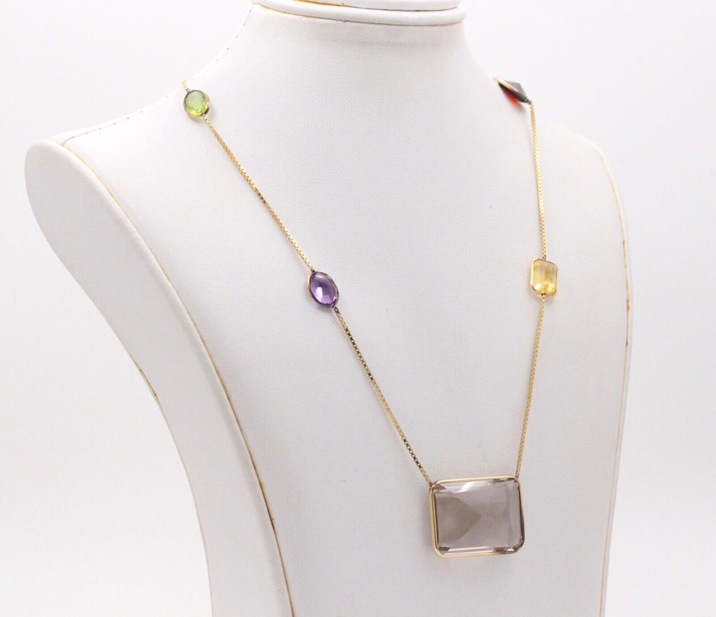 Vintage 14K Yellow Gold Smoky Quartz, Amethyst, Citrine,and Peridot Station Neck