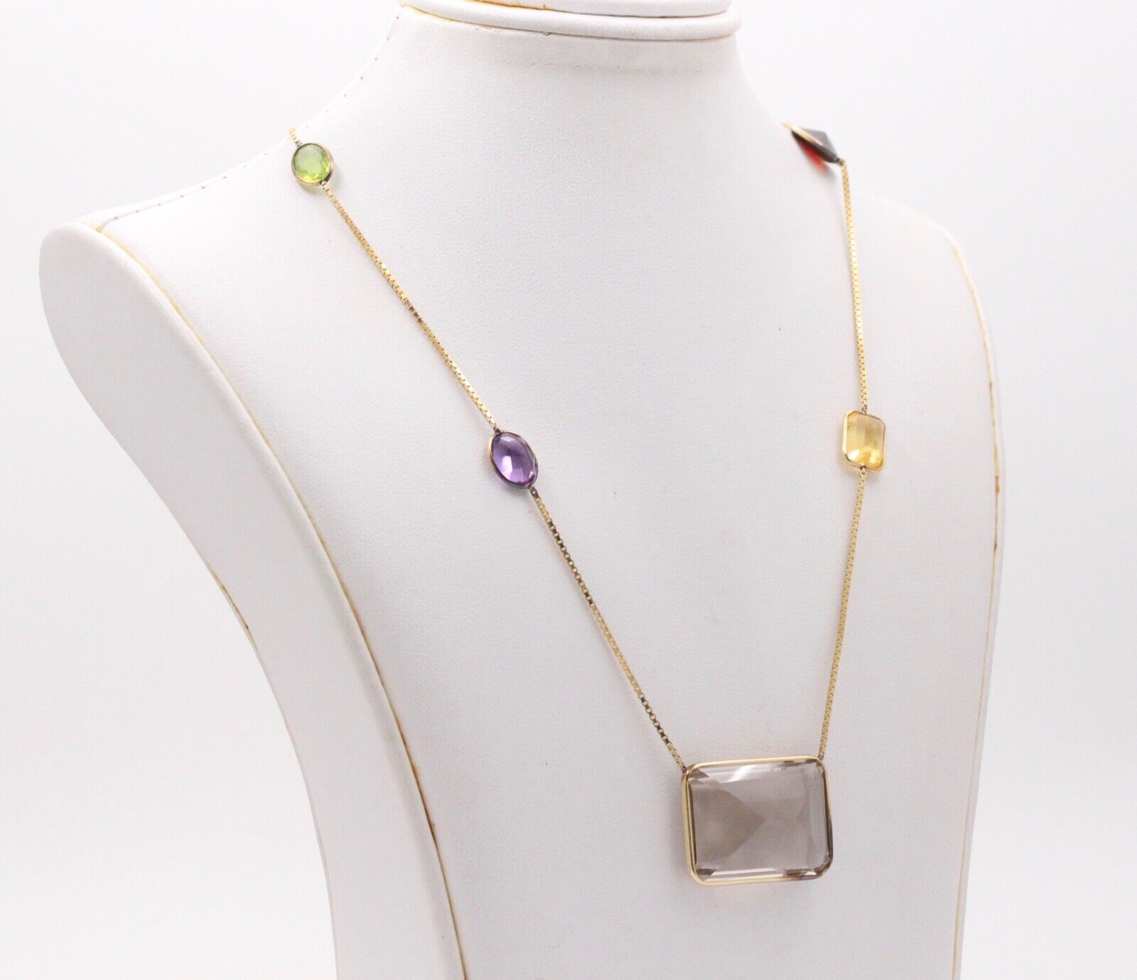 Vintage 14K Yellow Gold Smoky Quartz, Amethyst, Citrine,and Peridot Station Neck