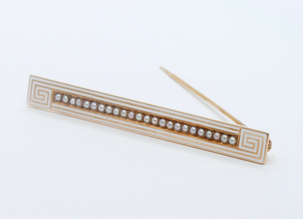 Art Deco Seed Pearls White Enamel 14K Yellow Gold Bar Brooch Pin