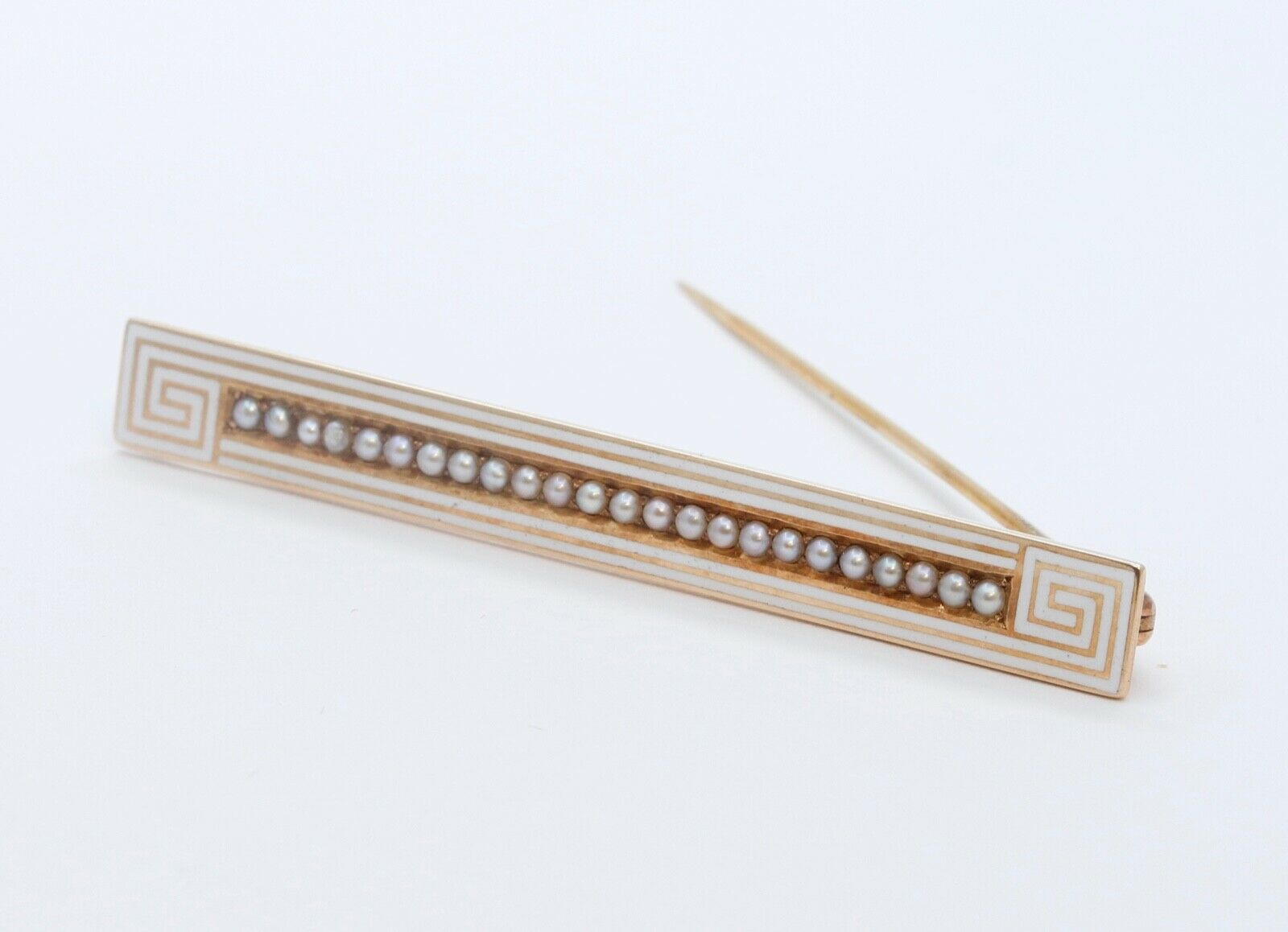 Art Deco Seed Pearls White Enamel 14K Yellow Gold Bar Brooch Pin