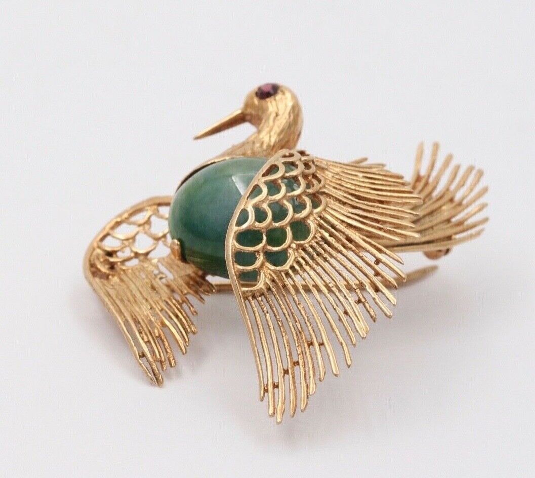 Vintage Estate Jadeite Jade Crane 14K High Relief Bird Brooch, Pin