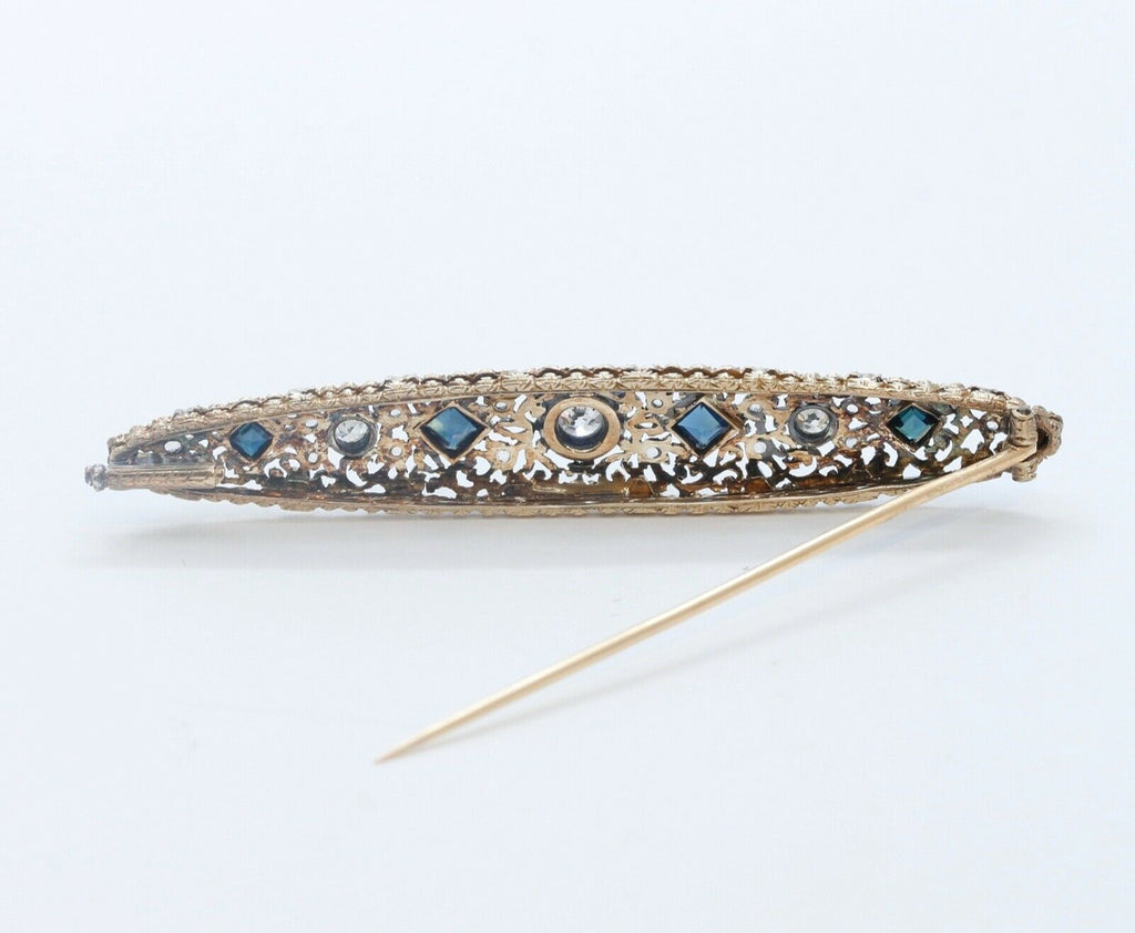Edwardian 18K Yellow Gold Sterling Silver Diamonds Sapphires Brooch Pin