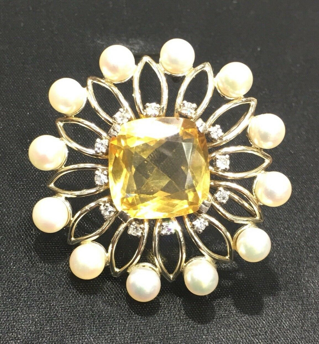 Vintage 18K Brooch Citrine Diamonds Pearls