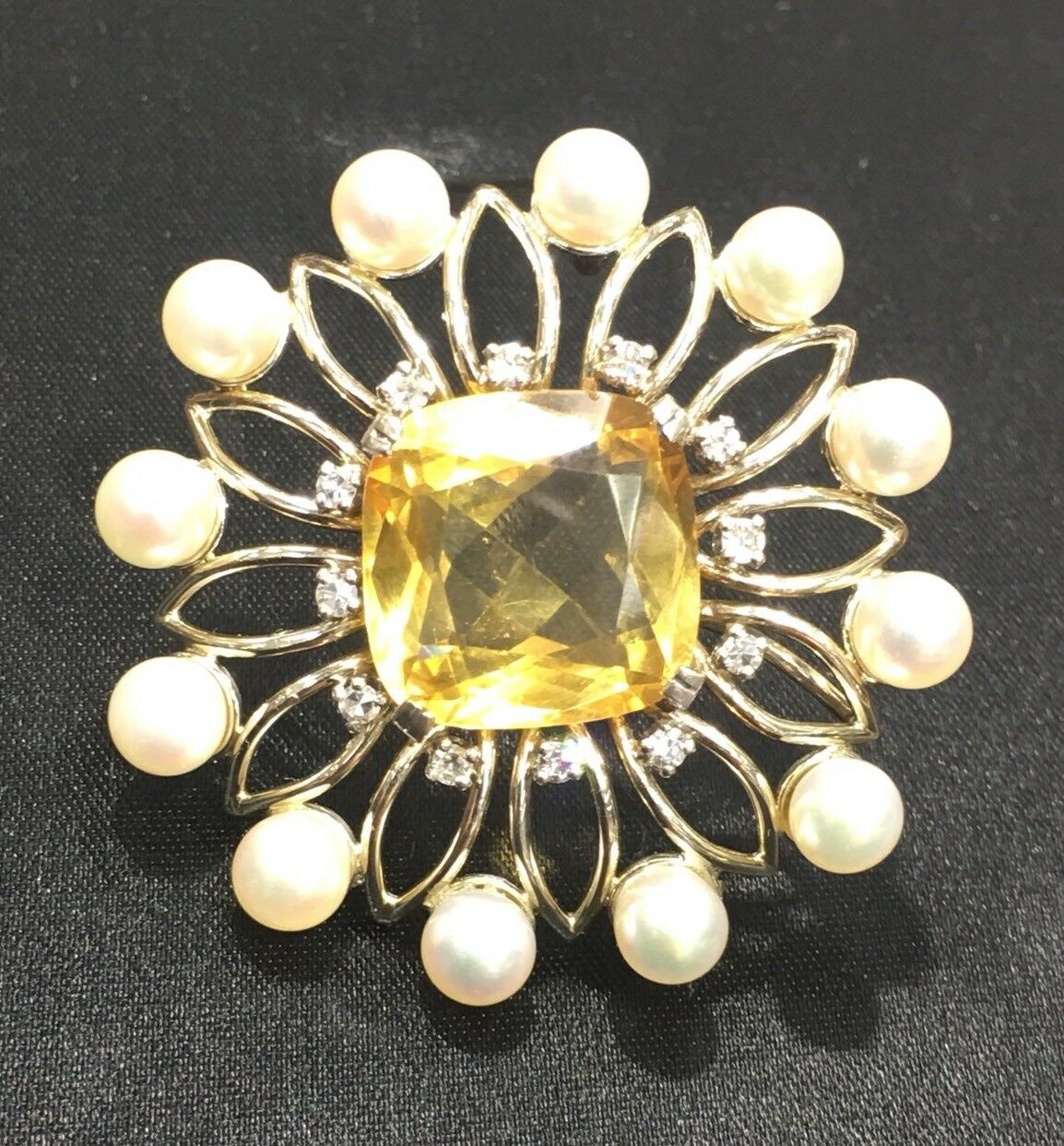 Vintage 18K Brooch Citrine Diamonds Pearls