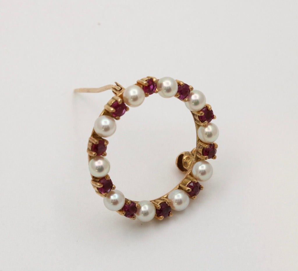Vintage 14K Yellow Gold Ruby and Pearl Circle Brooch