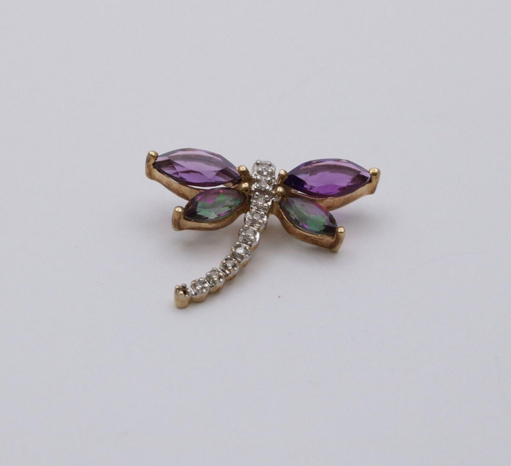 Vintage 10K Yellow Gold Dragonfly Diamond Pendant, Necklace