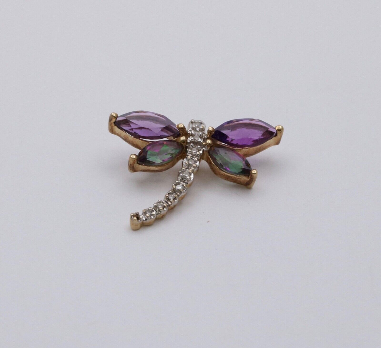 Vintage 10K Yellow Gold Dragonfly Diamond Pendant, Necklace