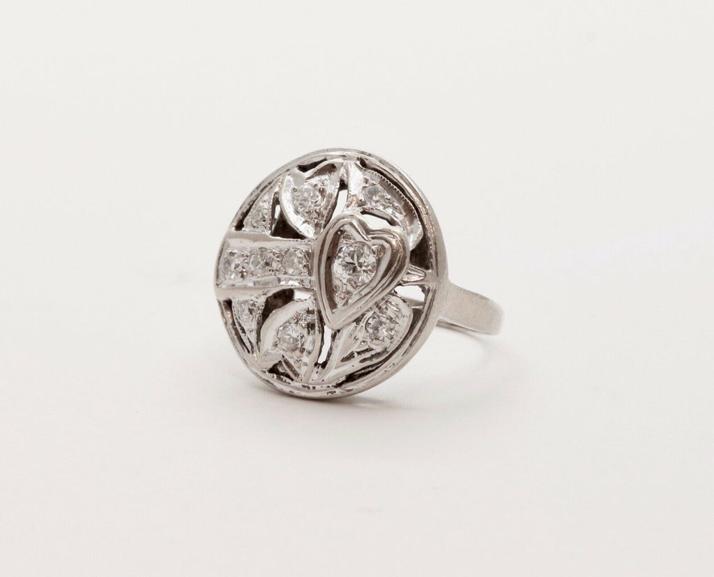 Art Deco Diamonds Hearts 14K White Gold Ring