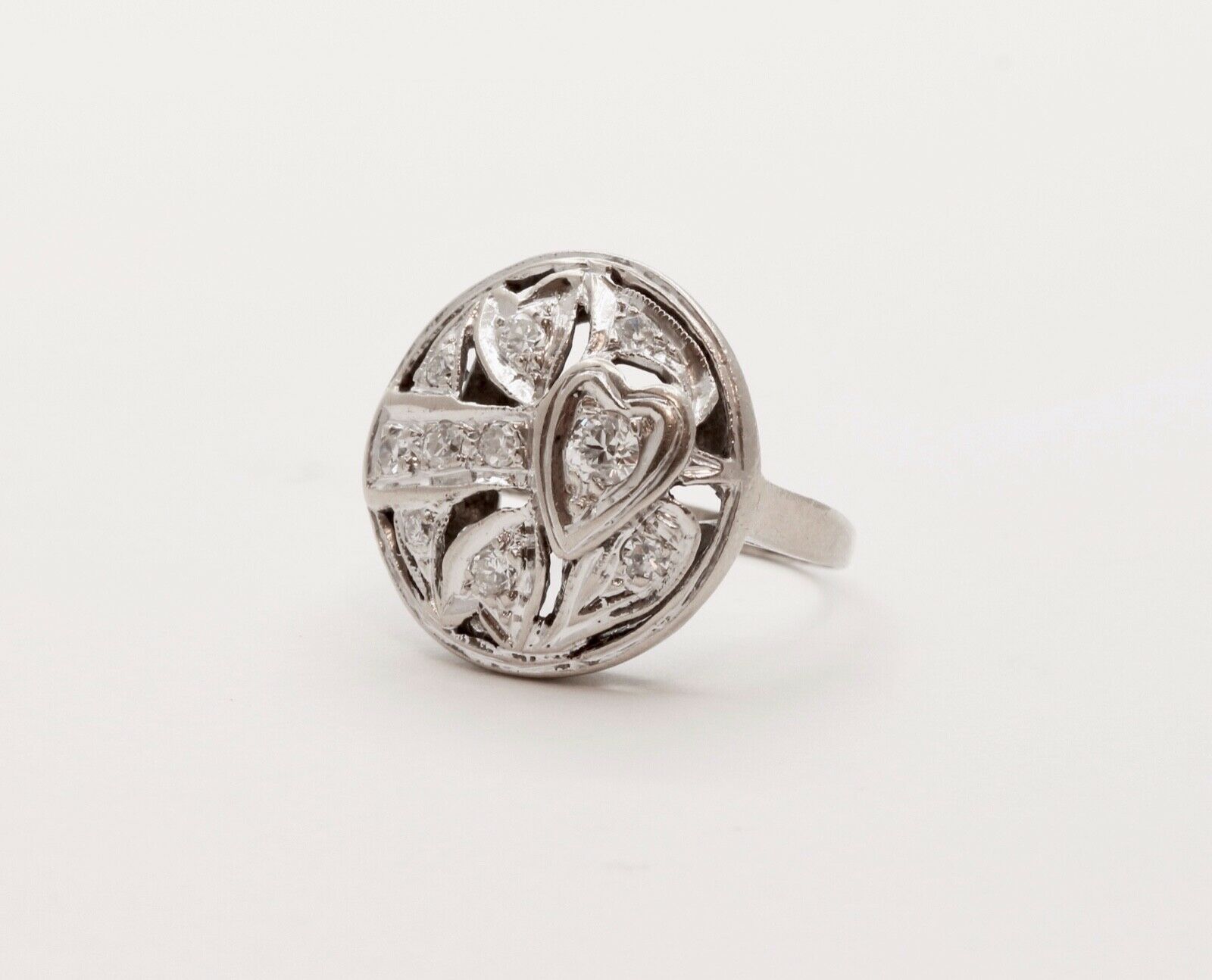 Art Deco Diamonds Hearts 14K White Gold Ring