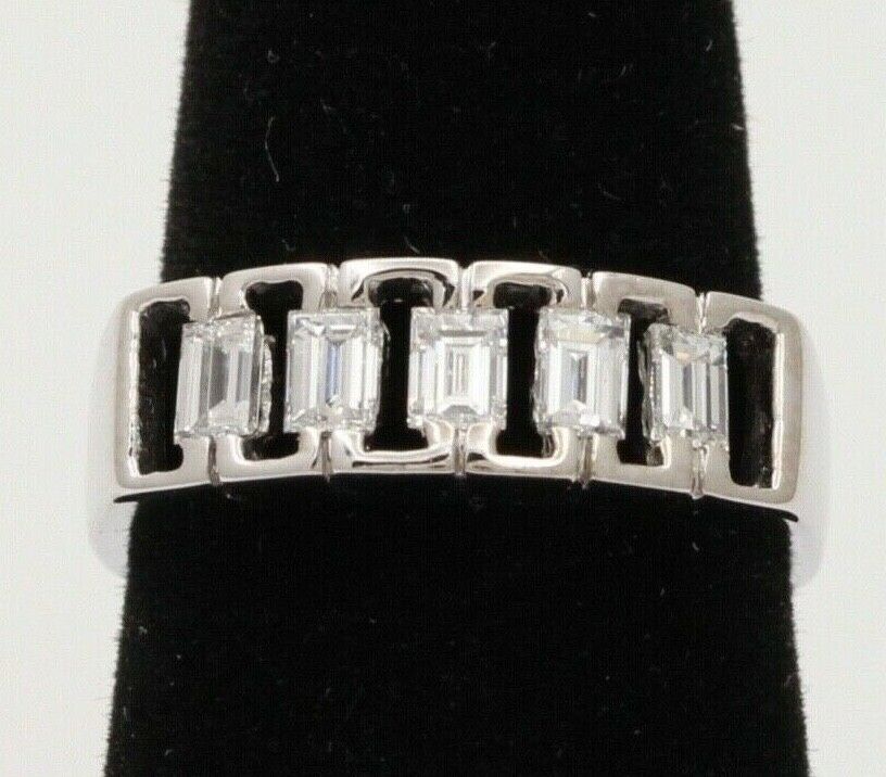 Vintage Emerald Cut Diamond Half Eternity 18K White Gold Ring Band