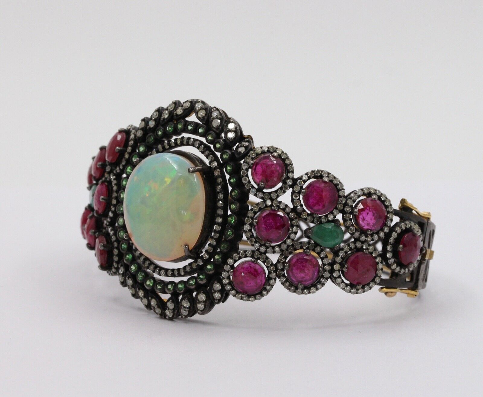 Victorian Revival Opal Rubies Emeralds Tsavorite Diamonds 14K Gold 925 Bangle