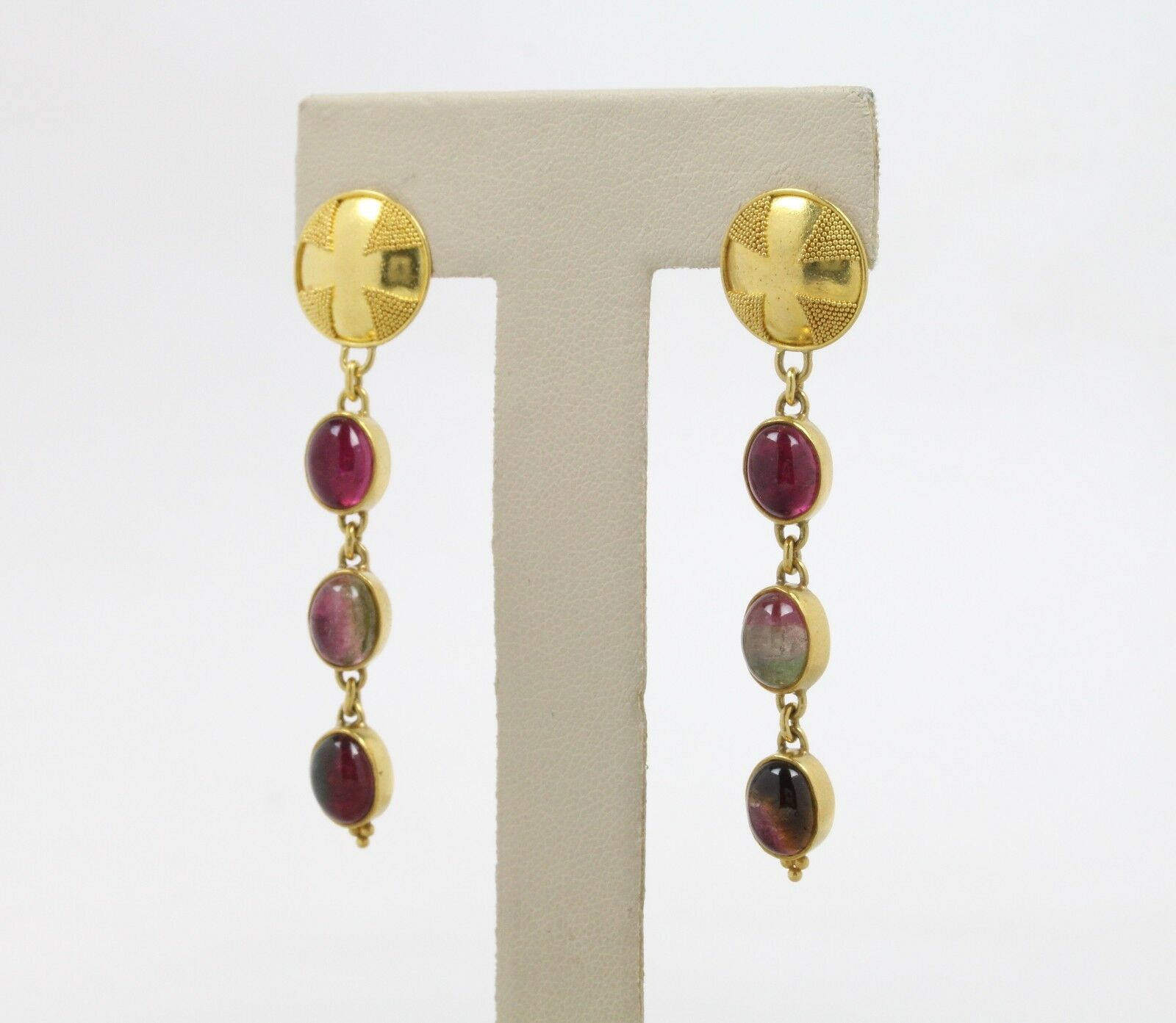 Vintage 18K Yellow Gold and Watermelon Tourmaline Dangling Earrings