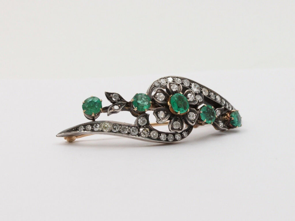 Victorian Emerald Diamonds Platinum 14K YG Flower Brooch Pin