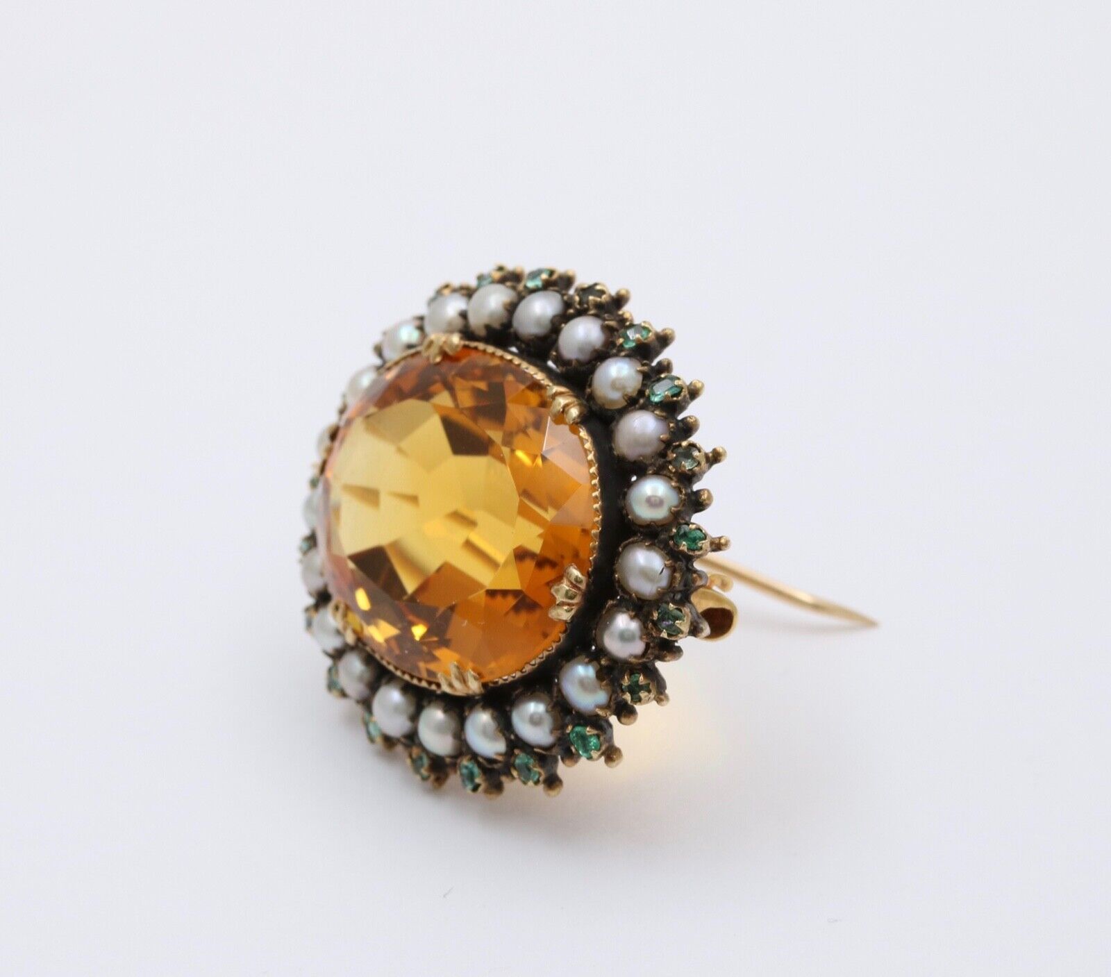 Victorian Madeira Citrine, Pearl Emerald 14K Gold Brooch, Antique Brooch.