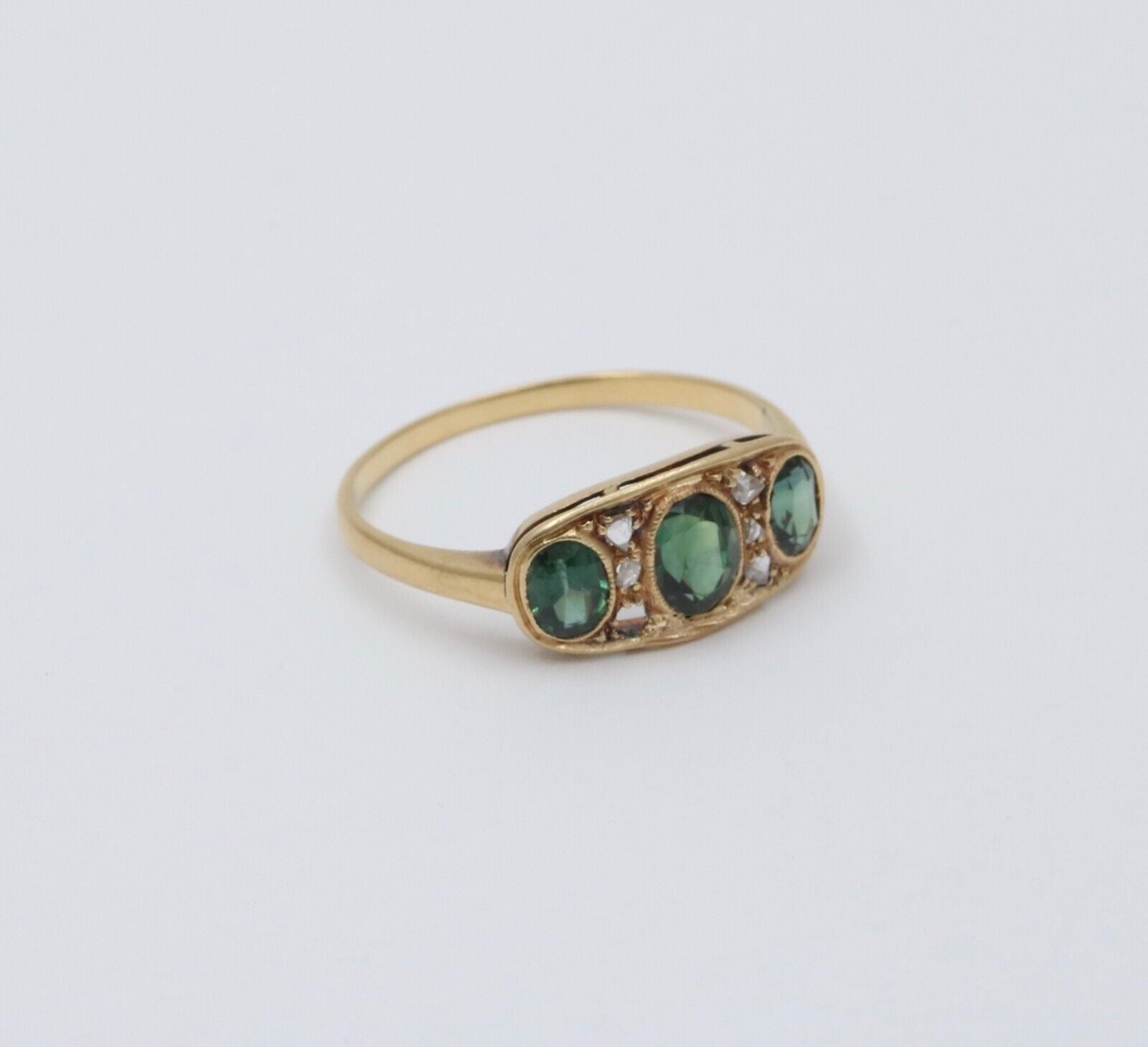 Antique Edwardian 18K Gold Three Green Tourmaline Diamond Ring, Ring Band.