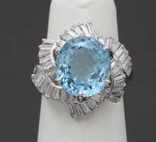 Load image into Gallery viewer, Vintage Platinum Aquamarine and Twirling Diamond Halo Ring, Statement Ring.
