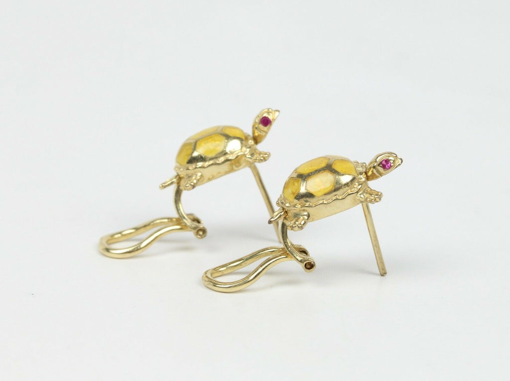 Vintage Turtle 14K Yellow Gold Rubies Enamel Ladies Earrings