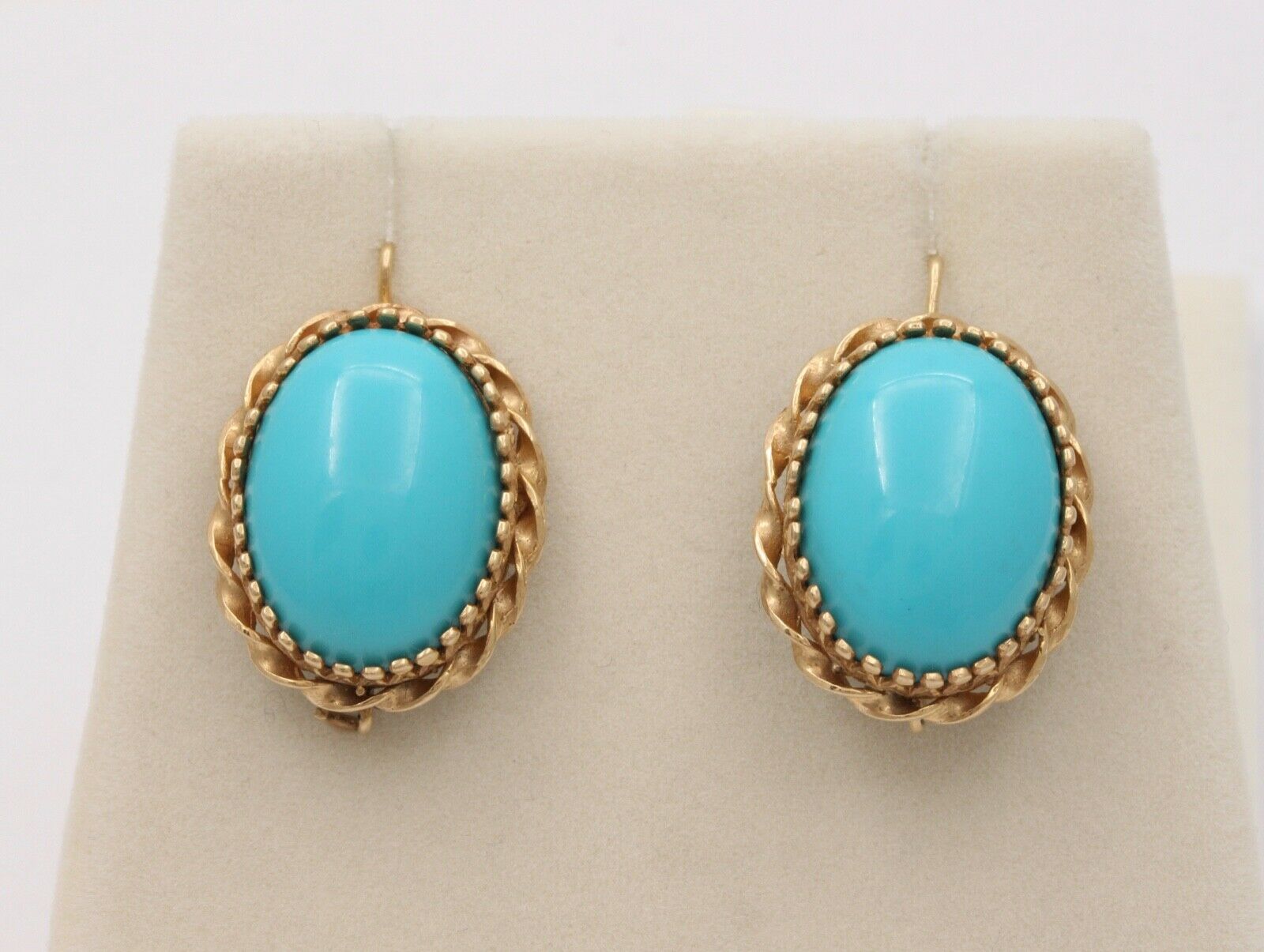 Vintage Turquoise 14K Yellow Gold Frame Dangling Earrings, Estate.