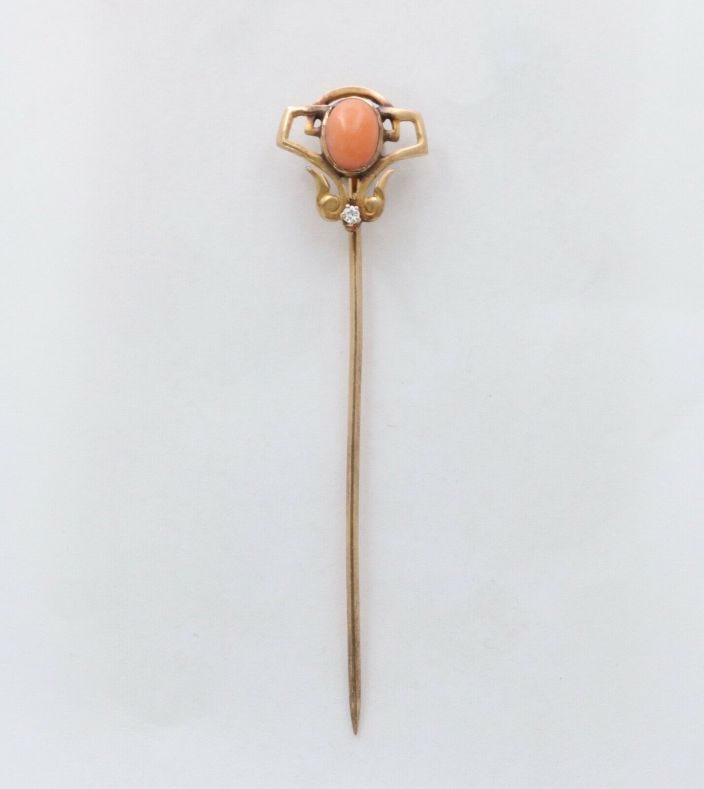 Art Nouveau Coral Diamond 14K Rose Gold Stick Pin