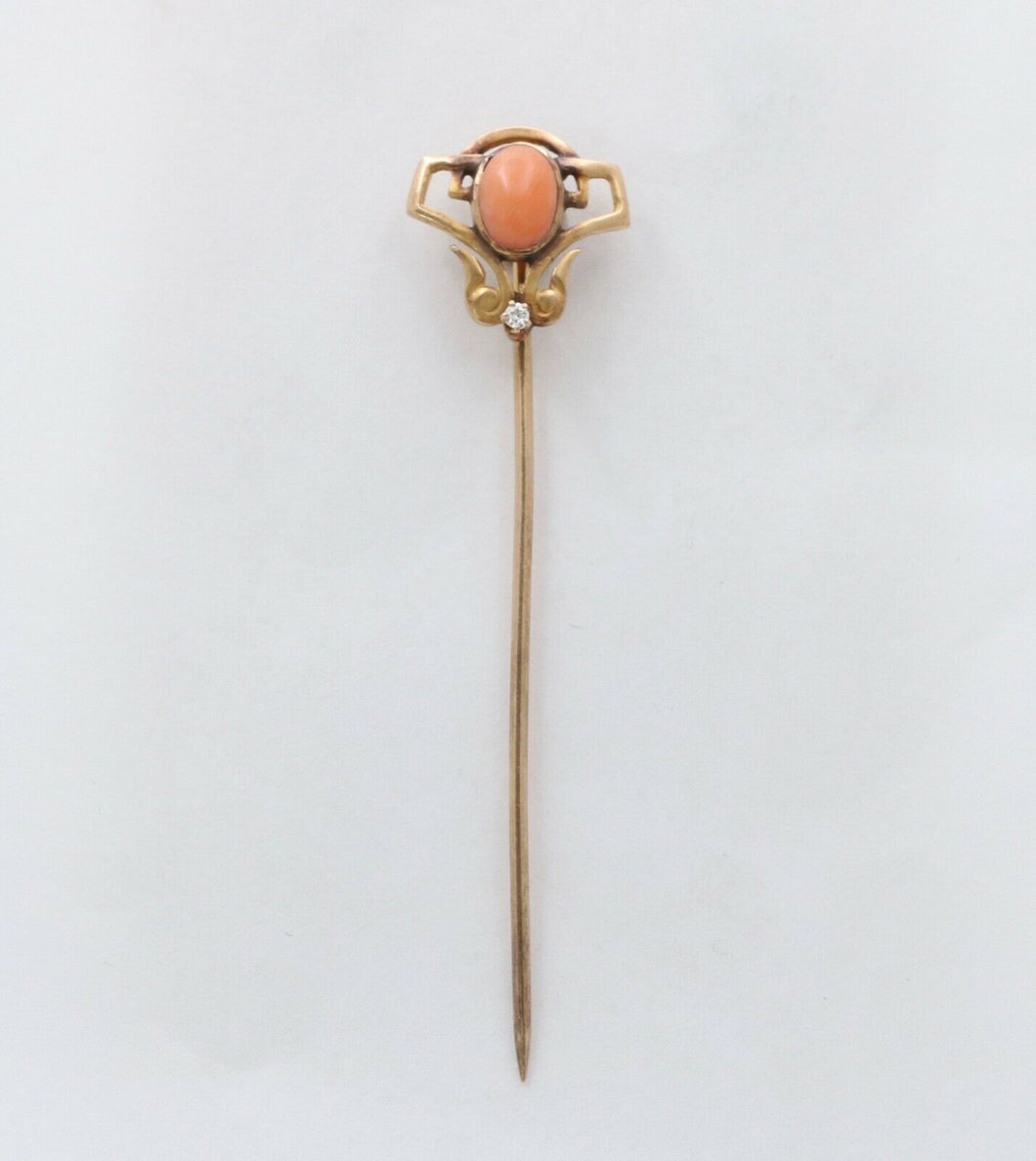 Art Nouveau Coral Diamond 14K Rose Gold Stick Pin