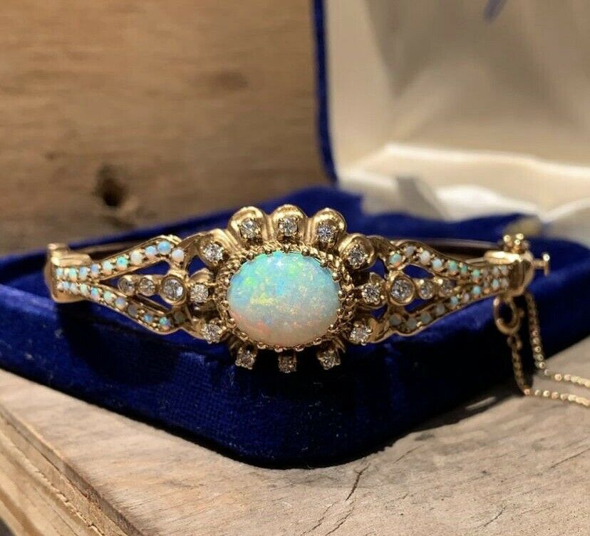 Vintage 14K Yellow Gold Victorian Style Opal and Diamond Bangle, Bracelet.