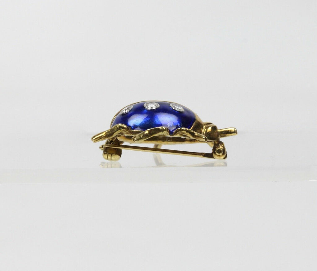 Vintage Ladies 18K Yellow Gold Diamonds Blue Enamel Ladybug Brooch Pin