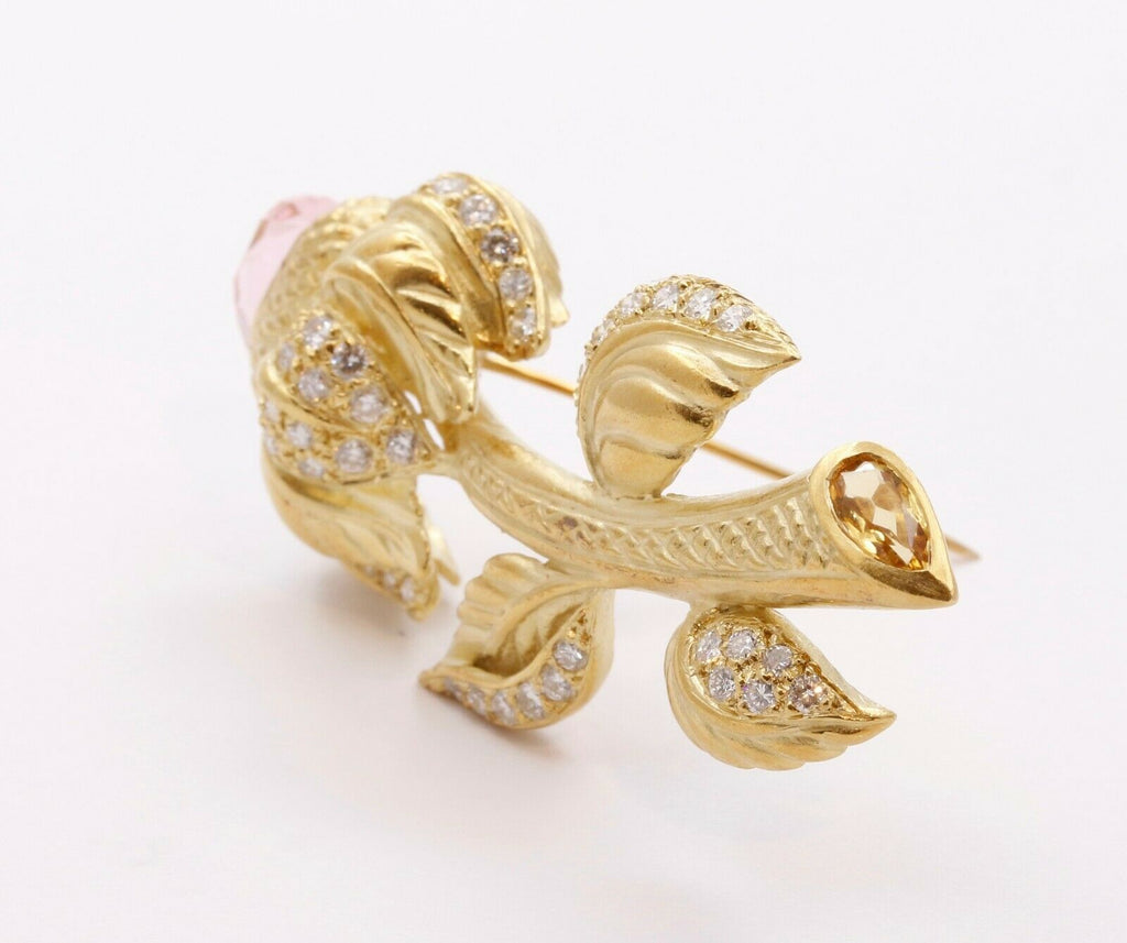 Judith Ripka Vintage 18K Yellow Gold Pink Topaz Citrine Diamond Floral Brooch