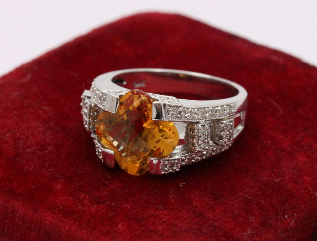 Unique Clover Shape Checkerboard Cut Citrine 14K White Gold Diamond Ring , Engag