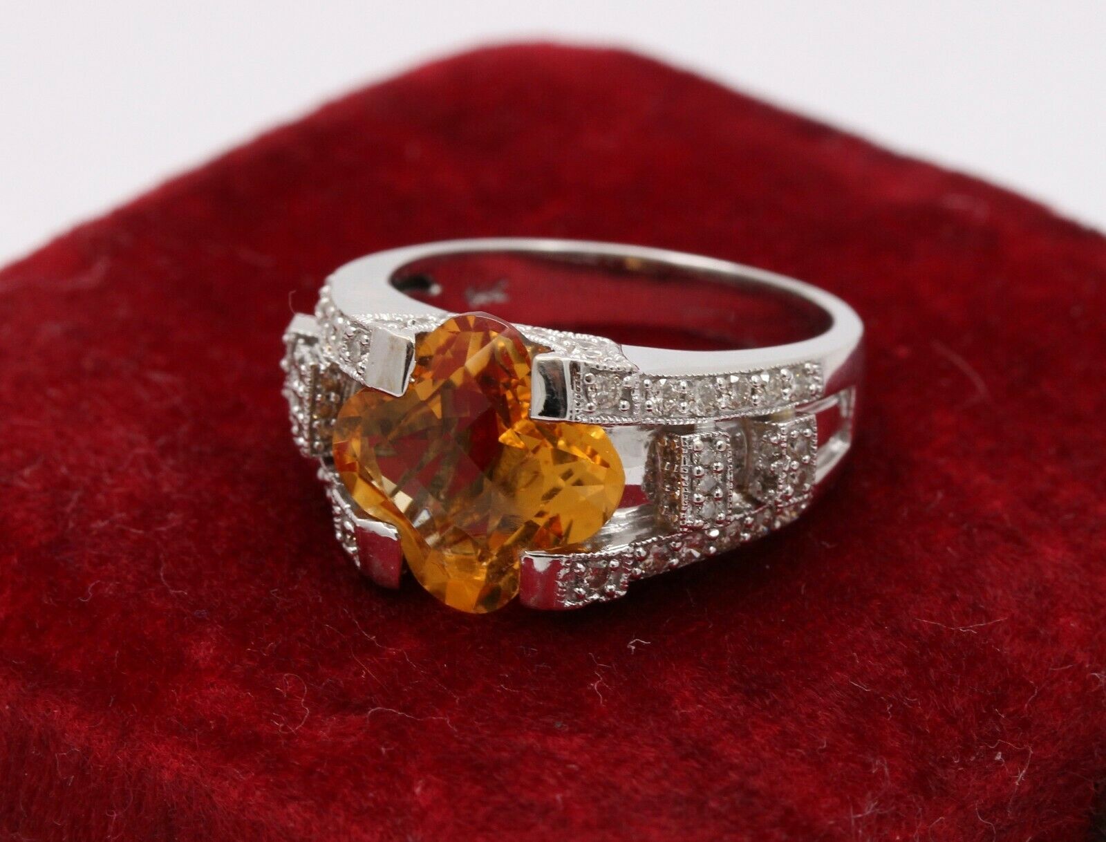 Unique Clover Shape Checkerboard Cut Citrine 14K White Gold Diamond Ring , Engag