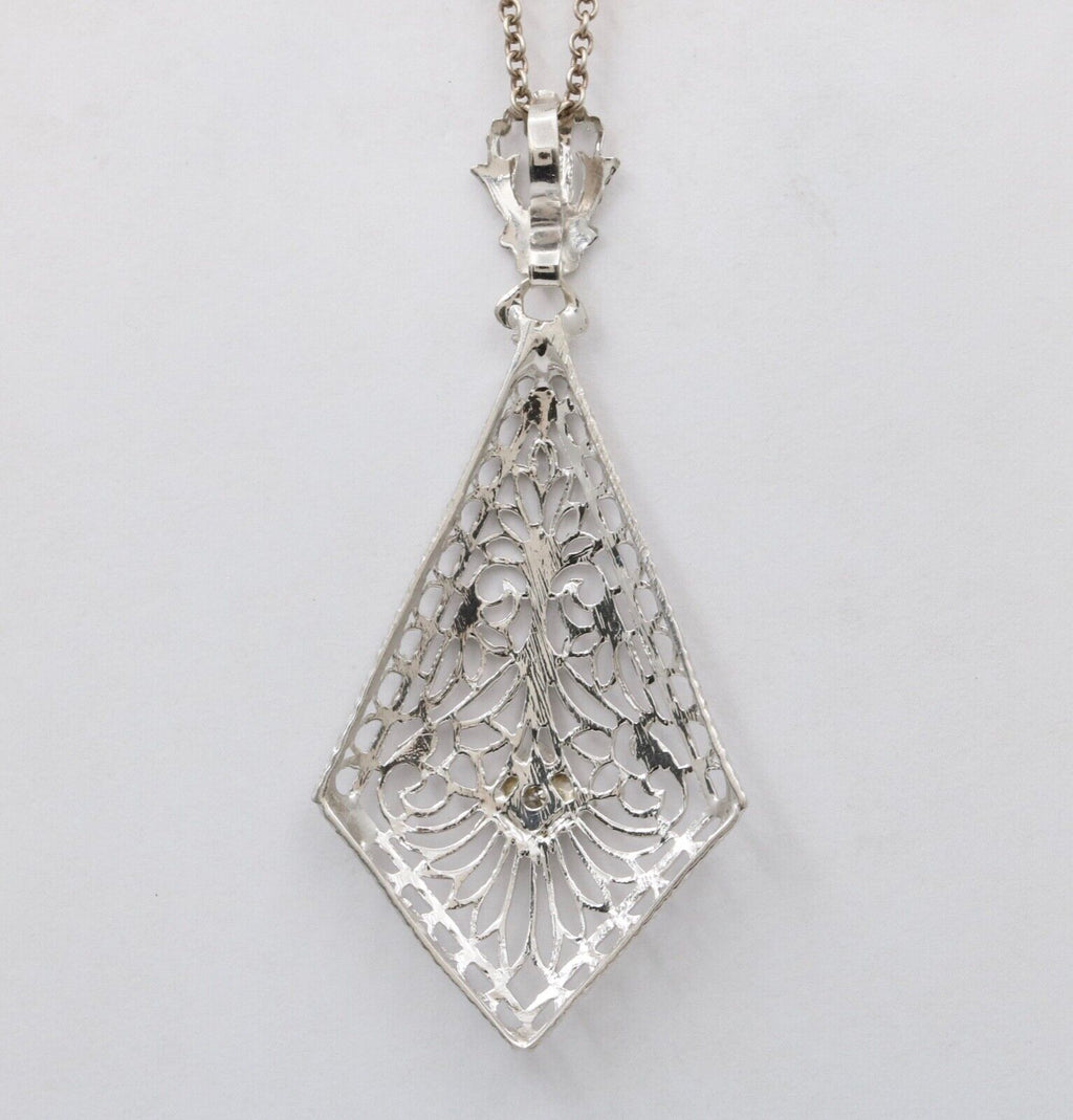 Art Deco 14K White Gold Filigree Diamond Pendant Necklace