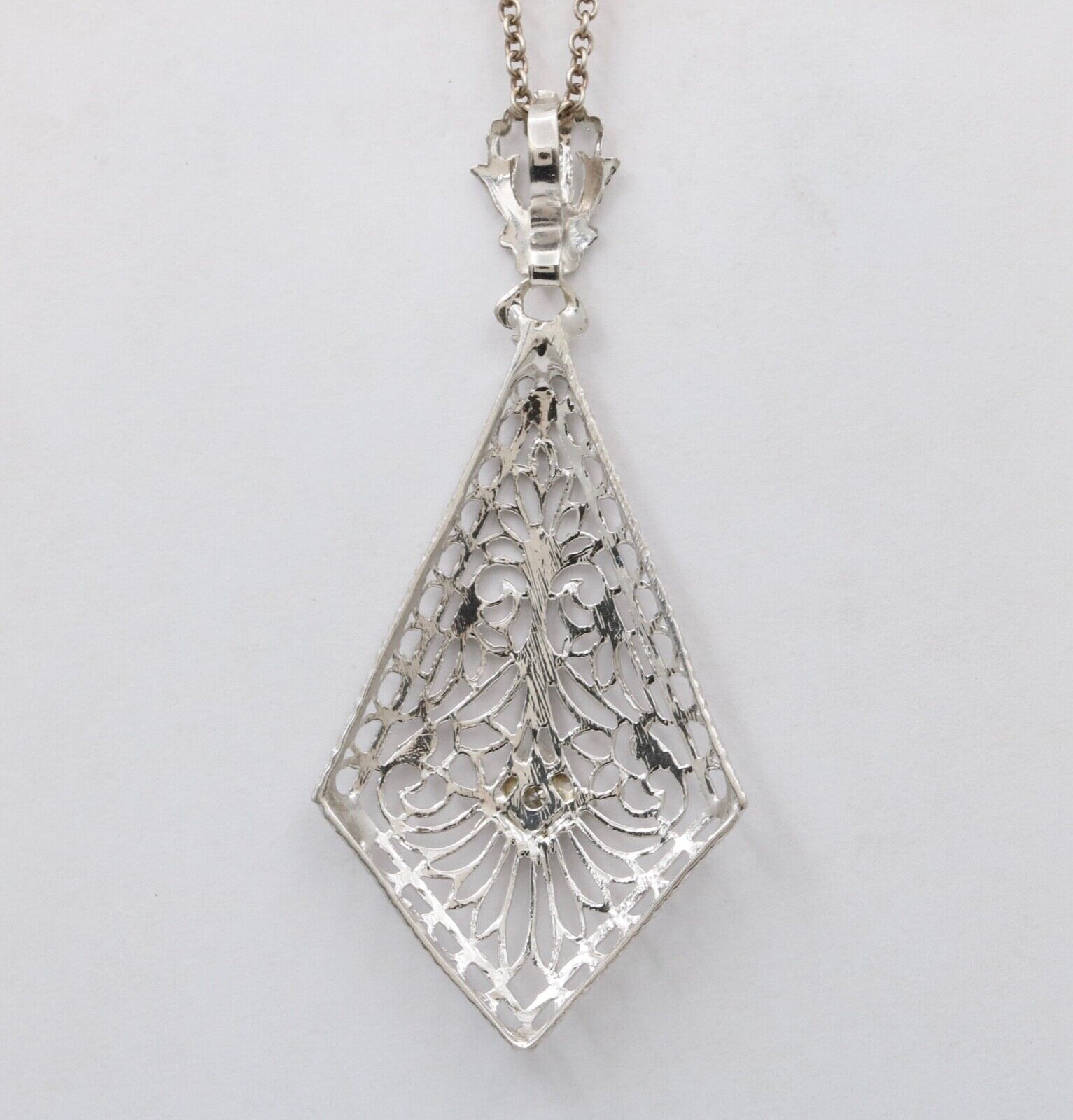 Art Deco 14K White Gold Filigree Diamond Pendant Necklace