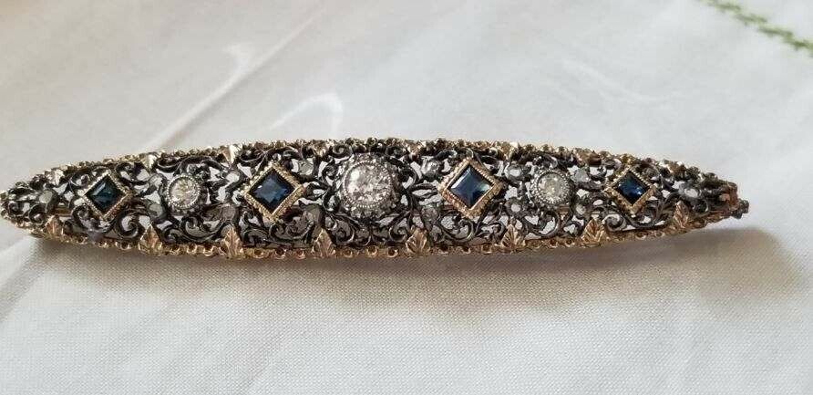 Edwardian 18K Yellow Gold Sterling Silver Diamonds Sapphires Brooch Pin