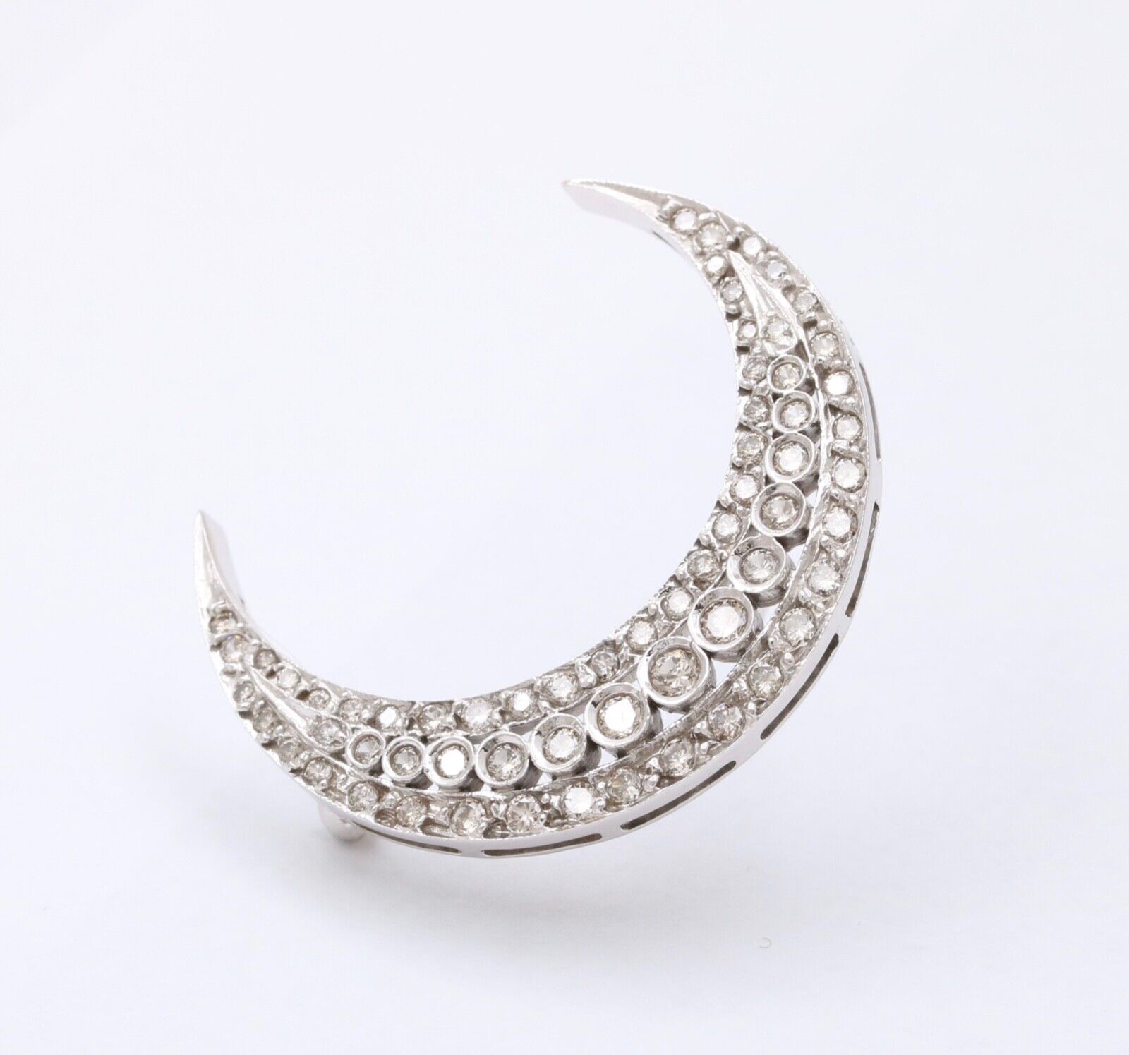 Vintage Diamonds 14K White Gold Crescent Moon Brooch Pin