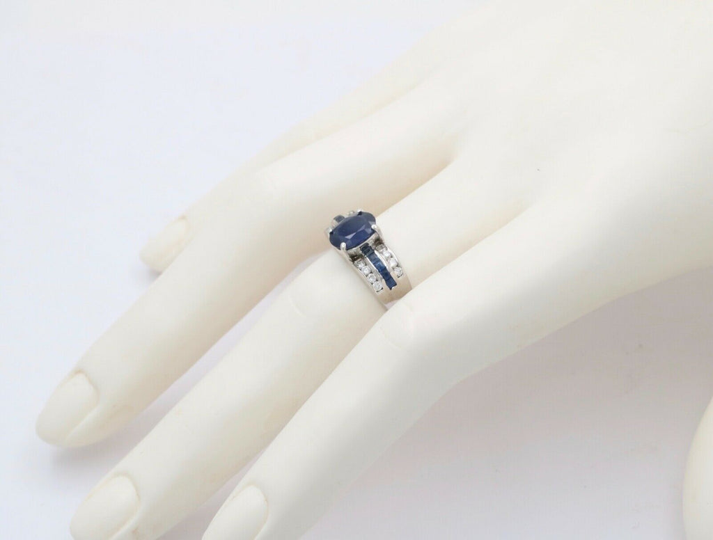 Classic 14K White Gold Sapphire and Diamond Ring Band, Engagement Ring.