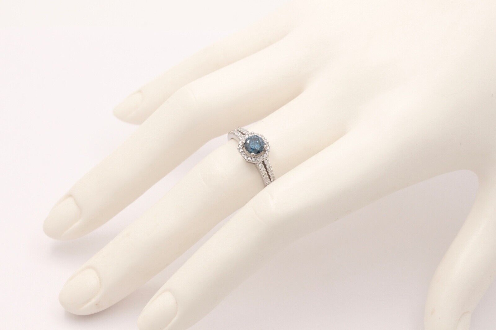 Vintage 14K White Gold Blue Topaz Diamond Halo Ring, Engagement Rig