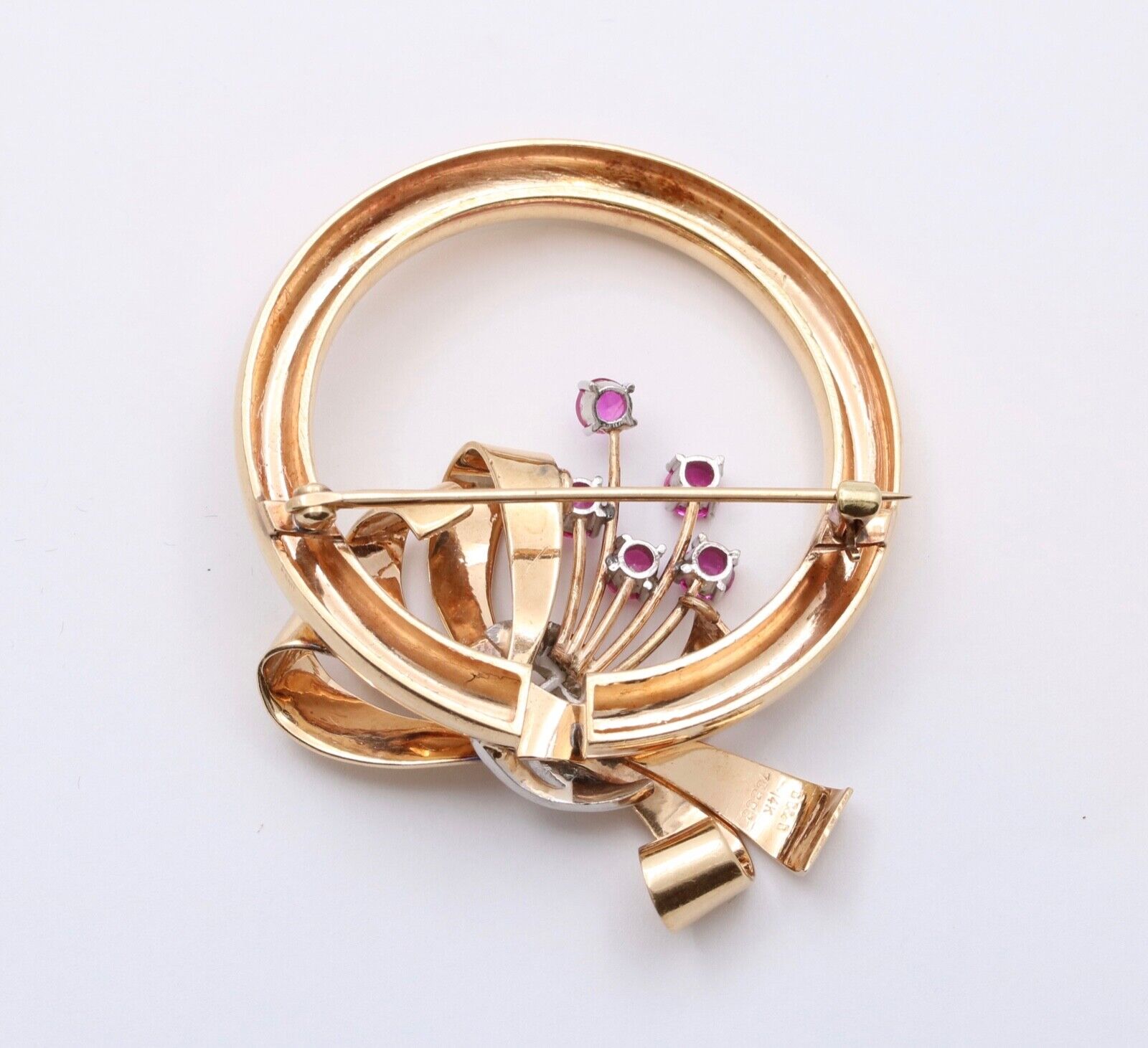 Vintage Bailey Banks & Biddle 14K Gold Ruby and Diamond Circle Ribbon Brooch
