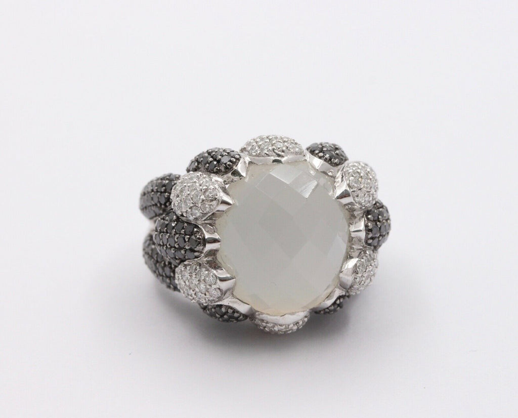 Vintage Milky Quartz White Black Diamonds 18K White Gold Cluster Ring