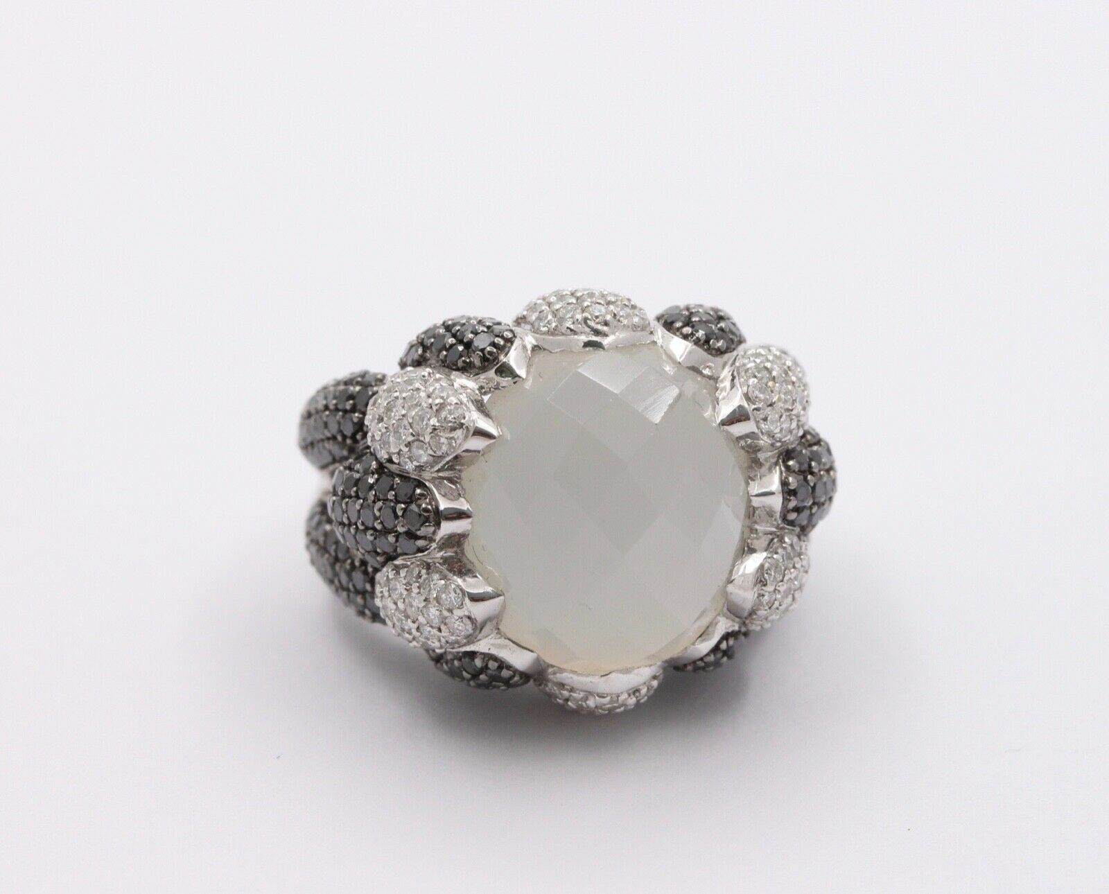 Vintage Milky Quartz White Black Diamonds 18K White Gold Cluster Ring
