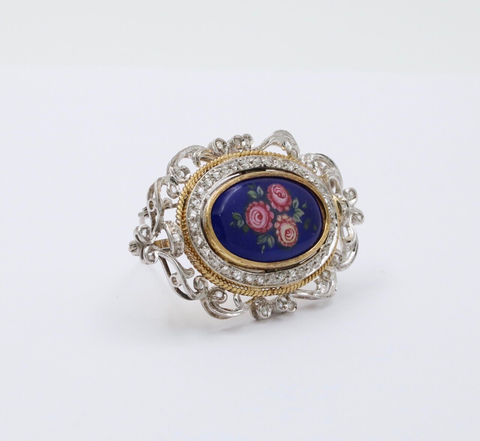 Vintage Italian 18K Gold Flower Painted Porcelain Diamond Pendant Brooch