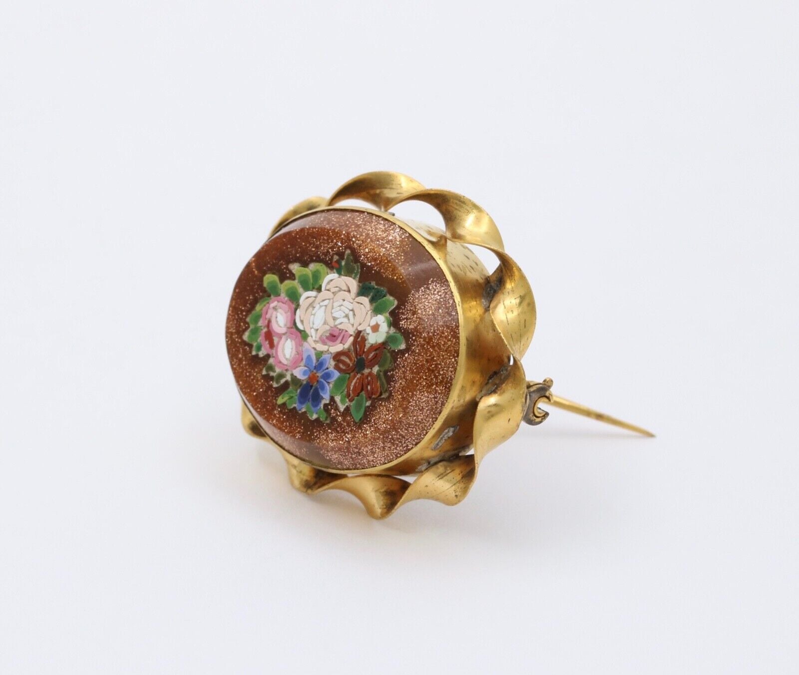 Antique 10K Gold Filled Bloodstone Pietra Dura Micro Mosaic Brooch, Pin.