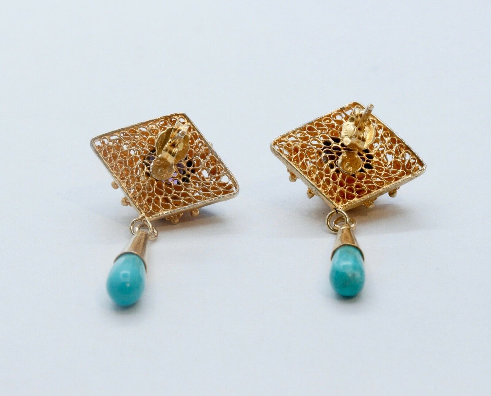 Vintage 1940's Gold Gilt Turquoise Amethyst Enamel Earrings